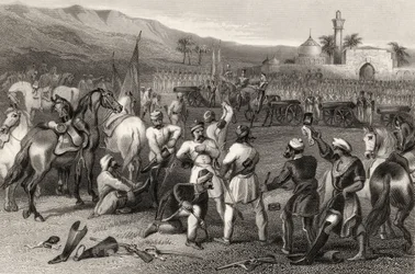 1857年に発行された「インディアン反乱の歴史」からの1857年のバーハンポアでの第11不規則騎兵の武装解除