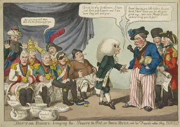 ジョン・ブルとその仲間たちは、恥ずかしがり屋です。1808年（手彩色彫刻）。