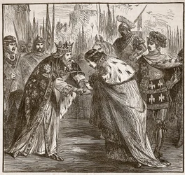 エドワードはフランスのジョン王を受け取り、Cassells Illustrated History of England（sepia photo）からのイラスト