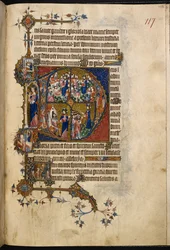 Egerton MS 3277、f.123r、Psalter and Hours (「Bohun Psalter」) (vellum) より、Terce に大きな歴史のあるイニシャル「D」(eus)。