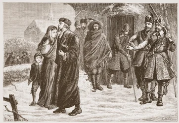 冬のハンガリーのプロテスタント牧師の追放、イラスト：James Aitken Wylie（1808-1890）によるThe Protestantismの歴史、パブ。 1878