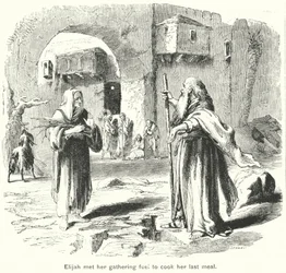 エリヤは最後の食事を作るために燃料を集めている彼女に会った（エングレーヴィング）