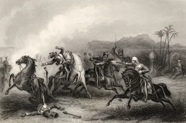 1858年に出版された「インディアン反乱の歴史」からの、2人の少佐ヒルズとセポイ騎兵の遺体との出会い