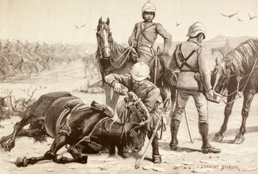 1880年代、スーダンのマフディスト戦争で馬に水を撒くイギリス騎兵隊（リトグラフ）