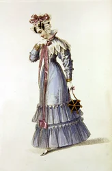 イブニング・ドレス、「アッカーマンの芸術のリポジトリ」のファッション・プレート（カラー・エングレーヴィング