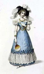 イブニング・ドレス、「アッカーマンの芸術のリポジトリ」のファッション・プレート（カラー・エングレーヴィング