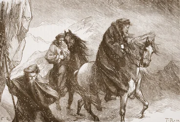 アルプスを旅するファレルとその仲間たち、ジェームズエイトケンワイリー（1808〜1890年）によるプロテスタンティズムの歴史のイラスト、パブ。 1878