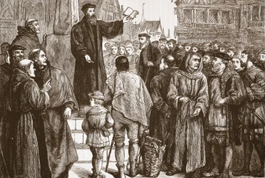 ヌーシャテルの市場で説教しているファレル。 1878