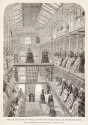 ロンドンの刑務所刑務所とヘンリーメイヒュー（1812-87）とジョンビニー、1860年の刑務所生活の場面からのブリクストン刑務所の静かな時間の間に働いている女性の囚人