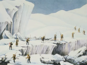 1827年に出版された、チャールズフェローズ（1799〜1860年）による、登山の物語からモンブランの頂上までの、雪の橋のある氷の出現