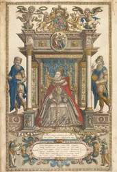 イギリス、ウェールズの国々のアトラスのクリストファー・サクソン、1579年のフロンティピース（手描きの彫刻）