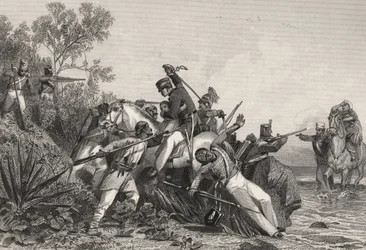 1858年に出版された「インド反乱の歴史」より、反乱軍に襲われた逃亡中のイギリス軍将校とその家族（エングレーヴィング）