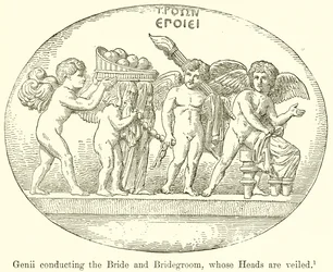 頭が覆い隠されている花嫁と花婿の指揮をするGenii