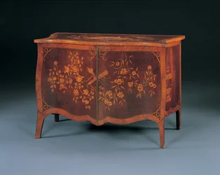 ジョンコブの方法によるジョージ3世寄木細工の便器、1770年頃（アマランサスとチューリップウッド）
