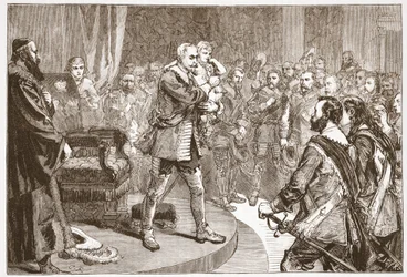 グスタフ・アドルフがアメリカを去る、イラストはジェームズ・エイトケン・ワイリー（1808-1890）による 『プロテスタンティズムの歴史』から出版。 1878