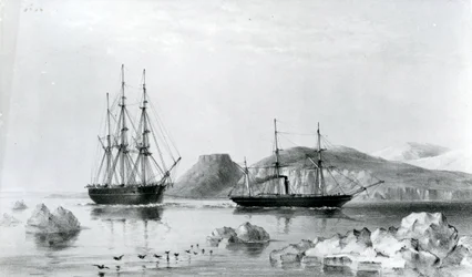1853年、北ウェリントン海峡でジョン・ハロー・マウントを通過する先駆者のために船を出すHMSアシスタンス（リトグラフ