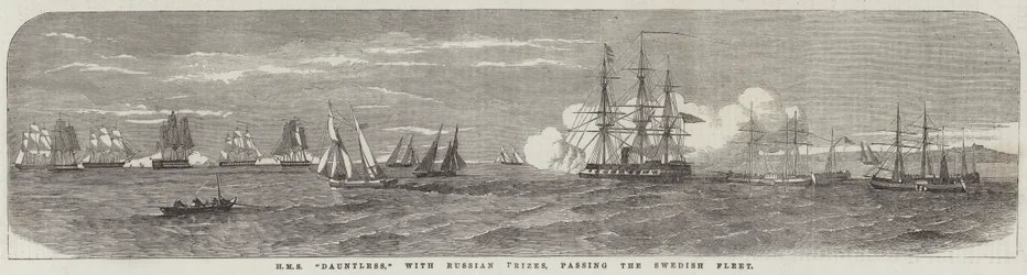 ロシアの賞品を持ってスウェーデン艦隊を通過するHMS「ドーントレス」（版画