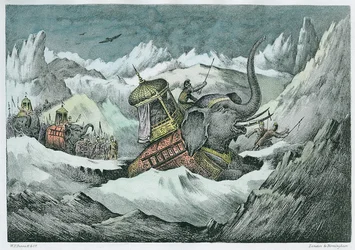 ハンニバル（紀元前247-c.183）とアルプスを横断する彼の戦争の象（後の着色）