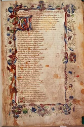 Harley 1758、fol.1、The Prologue、Geoffrey Chaucer 著「The Canterbury Tales」から、c.1450-60 (ベラム)