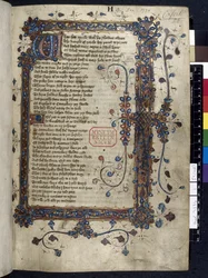 ハーレー 7334、f.1 照らされたイニシャル「W」、「カンタベリー物語」から、ジェフリー チョーサー作、1410 年頃（ベラムにインク、カラー、ゴールド）