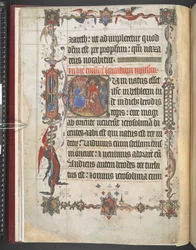 ハーレー MS 7026、f.7v、「Lovell Lectionary」からのマギ歴史イニシャルの崇拝、c.1400-10 (ベラム)