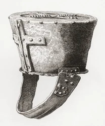 イギリスのポメロイ城のヘルメット、12 世紀頃、The British Army: Its Origins, Progress and Equipment、1868 年発行。