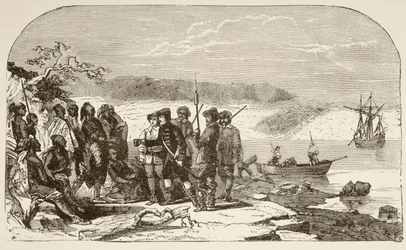 1609年、インディアンに酒を勧めるヘンリー・ハドソン（リトグラフ）