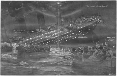 1912年4月27日の球から、タイタニック号が最後に燃えるライトで最初に徐々に弓を沈めた方法