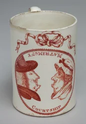 男と女の可逆的な頭で飾られたユーモラスなマグカップ、c.1780（クリームウェア）