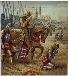 百年戦争：「1415年10月25日のアジンクールの戦い」。ヘンリー5世（1387-1422）はフランス軍と対峙する前に祈りを捧げた。アジンクールの戦い」。戦いの前に勝利を祈願するヘンリー5世。