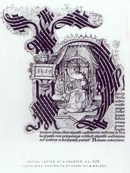 1529年のヘンリー8世とウォルジーの肖像画を含む憲章の最初の手紙