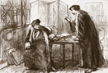 エラスムスとカルバンの間のインタビュー、ジェームス・エイトケン・ワイリー（1808-1890）によるパブのプロテスタンティズムの歴史からのイラスト。 1878