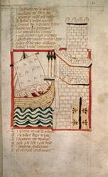 「Roman de Brut」（vellum）の詩クロニクルからのスコットランドとデンマークの侵略