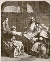 ジョンは男爵の記事への署名を拒否し、Cassells Illustrated History of England（セピア写真）からのイラスト