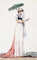 パラコート付きのエレガントな女性用サマードレス、Delacourt、1770年（カラー彫刻）