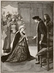 ヘンリー7世の前のキャサリン・ゴードン夫人、カッセルズのイラスト入りのイギリスの歴史（セピア写真）