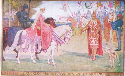 Longmans Green and Co 発行の「The Book of Romance」の挿絵、ランスロットがグィネヴィアをアーサーにもたらす