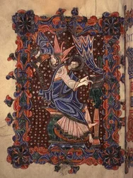 Lat 14782 f.16v 福音書を書く聖マタイ、1080年頃（ベラム）