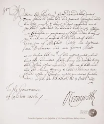 1651年、オリバー・クロムウェルからのカルショット城知事への手紙、ジェームズ・フェローズ卿、アドベリー・ハウスが所持していた原本の複製
