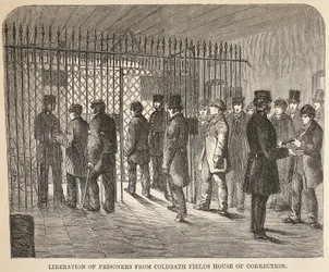 Coldbath Fields House of Correctionからの囚人の解放、ロンドンの刑務所刑務所からのイラスト、Henry MayhewとJohn Binnyによる刑務所生活のシーン、パブ。 1862