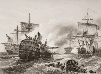 ハウ卿のフランス人に対する勝利、リュートゥによる「イングランドの海と陸による戦い」のイラスト。ウィリアムズ大佐