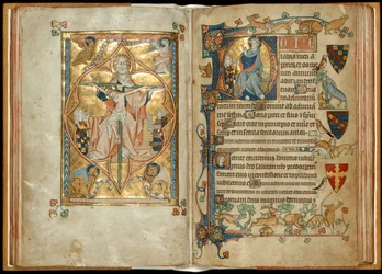 MS 242 f。 28v-29r後援者と慈悲の玉座、後援者に祝福されたキリスト、c.1314-30（羊皮紙に金箔とテンペラ）