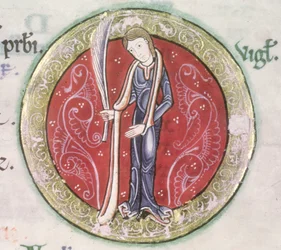 MS Hunter 229 f.4v Virgo、Hunterian Psalter から、1170 年頃 (ベラム紙にペンとインク、テンペラ) (詳細)
