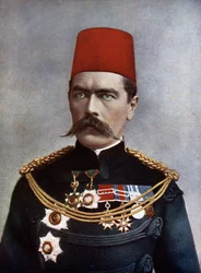 ハルツームとブルームのホレイショ・ハーバート・キッチナー少将（1850-1916）、チャールズ・N・ロビンソンによる「軍の有名人」のイラスト、1900年に出版（カラーリソ）