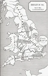 JRグリーンが発行した「イギリス人の短い歴史」（1893年）の3つの王国685から828までの792年のイギリスの地図