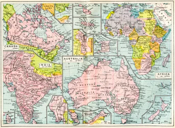 第一次世界大戦が勃発した1914年のイギリス領の地図（The British Empire Universities Modern English Illustrated Dictionary, pub.1914より）。