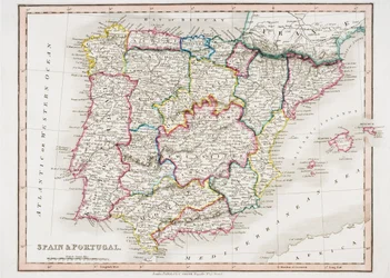 1850年にロンドンのC. Smith Mapsellerによって発行された「Smith&39;s General Atlas」からのスペインとポルトガルの地図（カラーリソ）