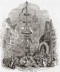 19世紀のイギリス、ロンドン、セント・アンドリュー・アンダーシャフト教会前で踊るメイポール（『Old England：A Pictorial Museum, pub.1847