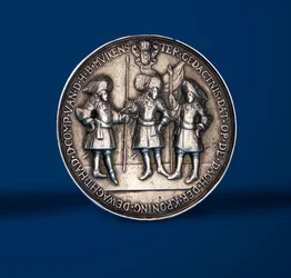 1869年にアムステルダムでウィリアムとメリーズの戴冠式の祭典を記念するメダル（銀色）（419671の逆）
