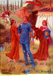 戦いに備える中世の騎士モーニングスター。1910年に出版された『The Gateway to Tennyson』に掲載されたガレスとリネットの物語からのカラーイラスト。